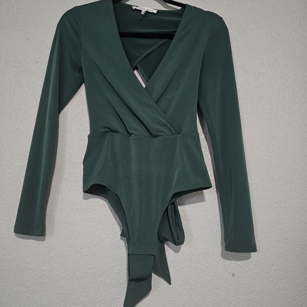 BCBGeneration Deep Green Wrap-Front Long Sleeve Bodysuit